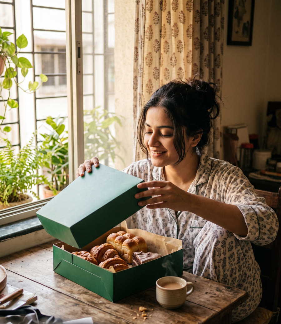 A woman opening a box of fresh croissants with her morning chai