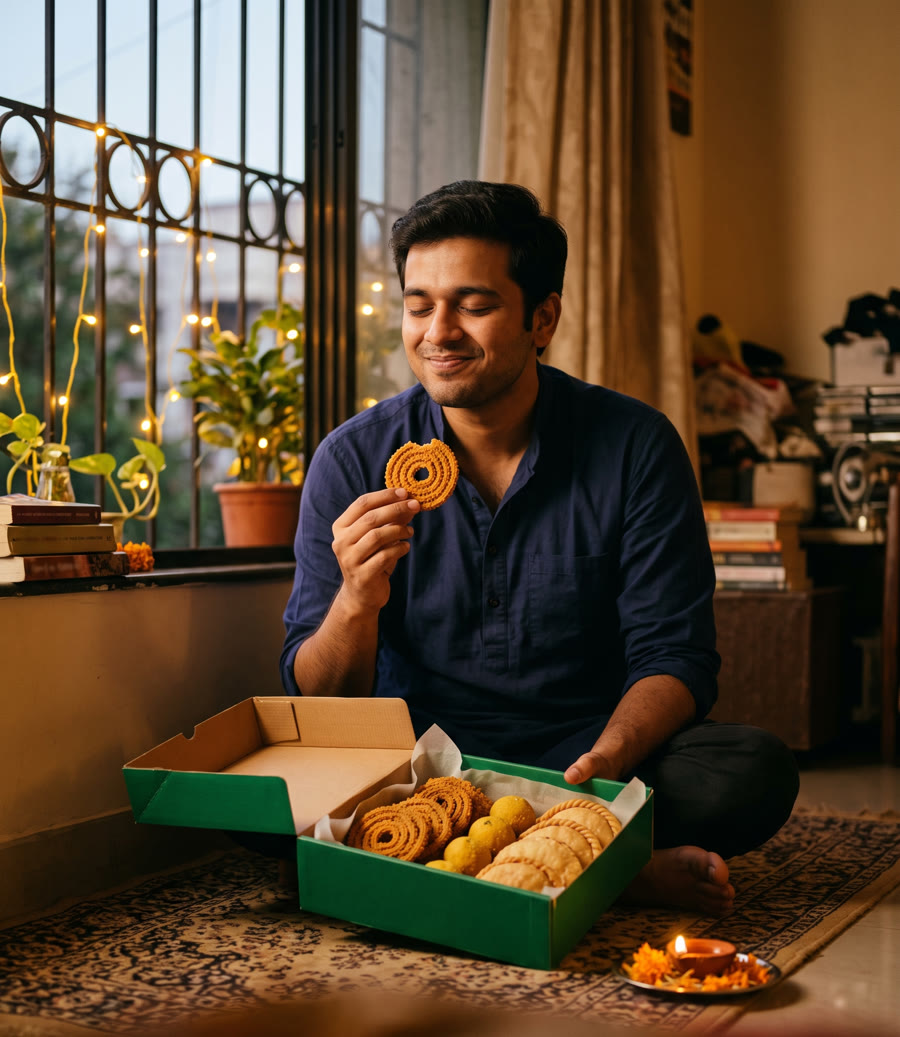 A young man enjoying homemade chakli during Diwali