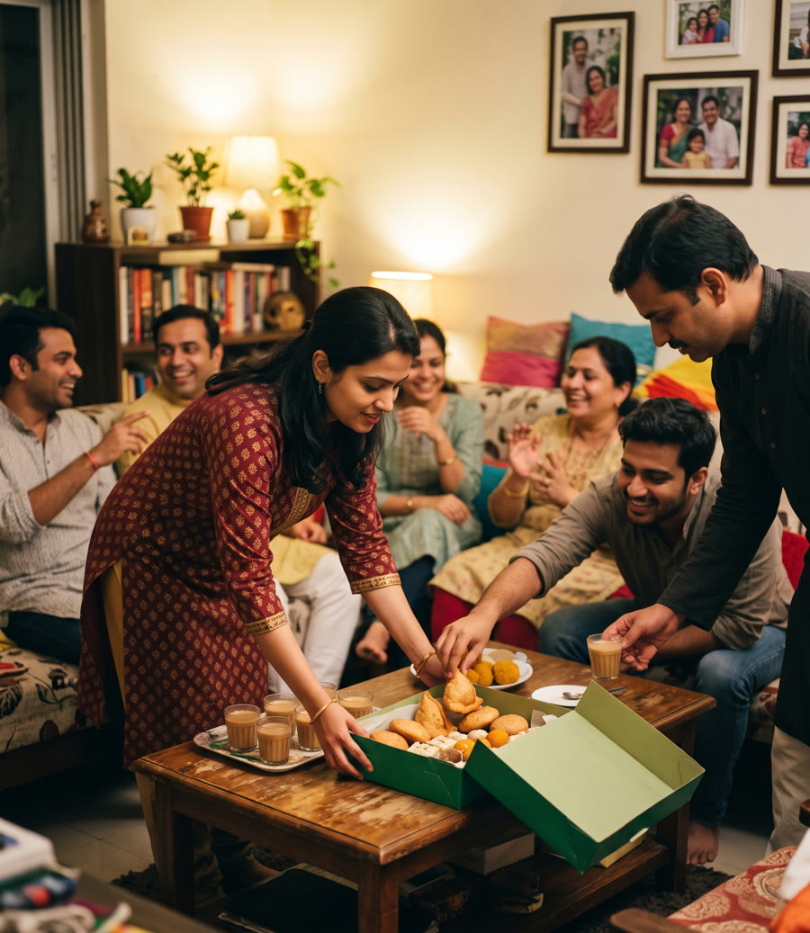 Guests enjoying samosas and chai from a green Kwikza box in a Pune living room
