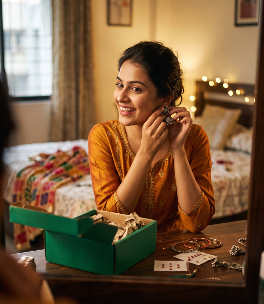 A young woman trying on new jhumkas