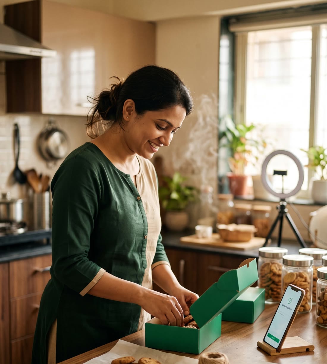 A home baker packing cookies into green boxes as a new order arrives on her phone
